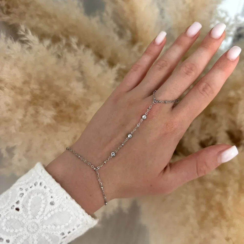 sku:0142 Silver tone chain ring - bracelet zircon stone material stainless steel